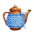 Ceramic clay teapot in knitted clothes. Close-up watercolor illustration isolated on white background. The concept of tea ceremony