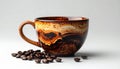 Ceramic Coffee Cup with Coffee Beans Brown Glaze Mottled Pattern on Neutral Background Royalty Free Stock Photo