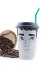 Ceramic Coffee Mug is a male drawing placed with coffee beans. Royalty Free Stock Photo