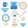 Ceramic cookware. Kitchen utensils trendy decorative tools plating bowl handmade dishes teapots cups and mugs vector