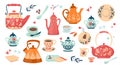 Ceramic crockery. Kitchen cooking tableware with jug, porcelain cup, teapot and colorful pitcher, plate with ornament