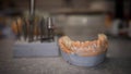 Ceramic crown of a tooth on a plaster model of teeth,the work of a dental technician,tools for dental prosthetics Royalty Free Stock Photo