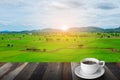 Morning coffee, mountain, rice farm and sunrise