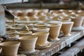 Ceramic cups on assembly line in porcelain manufacturing plant