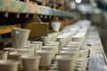 Ceramic cups on assembly line in porcelain manufacturing plant