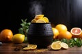 ceramic diffuser releasing steam, surrounded by citrus peels
