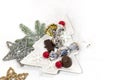 New Year, Christmas holiday card. Ceramic dish Christmas tree chocolate, silver candy Royalty Free Stock Photo