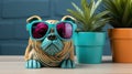 A ceramic dog with sunglasses and a potted plant, AI Royalty Free Stock Photo