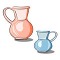 Ceramic earthenware jugs in pink and blue. Kitchenware. A vessel for water, milk, drinks. Vector isolated