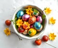 A ceramic Easter bowl with foil-wrapped chocolate eggs and marzipan fruits Royalty Free Stock Photo