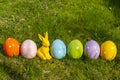 Ceramic easter eggs and an Easter bunny in a line on a meadow Royalty Free Stock Photo