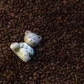 Ceramic figurine of a bear on a background of coffee beans Royalty Free Stock Photo