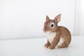 Ceramic figurine of bunnyIsolated on white background. Close-up of brown statuette of an Easter bunny. Porcelain bunnie. Easter de