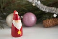 Ceramic figurine of Santa Claus Christmas decoration on a blurred background of Christmas toys on a white wooden table. Christmas Royalty Free Stock Photo