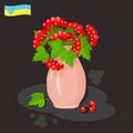 Ceramic flower vase with viburnum. Guelder rose. Red berry. Isolated illustration on a black background. Cartoon. Vector Royalty Free Stock Photo