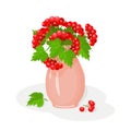 Ceramic flower vase with viburnum. Guelder rose. Red berry. Isolated illustration on a white background. Cartoon. Vector Royalty Free Stock Photo