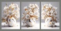 Ceramic flowers, futuristic, gold, white gradient background, marble texture, bright canvas wall decor