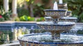 A ceramic fountain with multiple tiers each adorned with intricate arabesque patterns spouting water into a peacefully