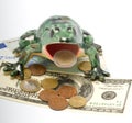 Ceramic frog and money. Royalty Free Stock Photo