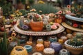 ceramic garden with whimsical and colorful pottery pieces