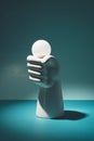 Ceramic hand holding a LED light bulb on a light blue background. Royalty Free Stock Photo