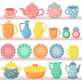 Ceramic kitchenware set on the shelves. Beautiful decorative handmade ceramics. Royalty Free Stock Photo