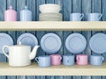 Ceramic kitchenware on the shelf. Royalty Free Stock Photo
