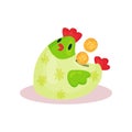 Ceramic money box in form of green chicken with two golden cents. Container for saving coins. Flat vector icon