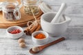 Ceramic Mortar with Pestle and fresh spices Royalty Free Stock Photo