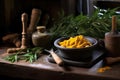 ceramic mortar and pestle grinding fresh turmeric root on a wooden table