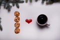 Ceramic Mug coffee, chocolate chip cookies, white board Royalty Free Stock Photo