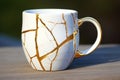ceramic mug with cracks repaired with gold kintsugi