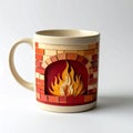 Ceramic Mug with Fireplace Design and Cream Color Against White Background Royalty Free Stock Photo