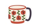 Ceramic Mug With Flower Pattern. Modern Tea And Coffee Cup Painted And Decorated With Floral Print. Beautiful Teacup