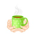 Ceramic Mug Full of Steaming Brewed Tea or Coffee Hold by Human Hands Vector Illustration