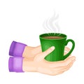 Ceramic Mug Full of Steaming Brewed Tea or Coffee Hold by Human Hands Vector Illustration