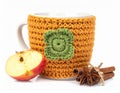 Ceramic Mug in Knitted Orange Cozy with Green Flower and Apple Slice Still Life Royalty Free Stock Photo
