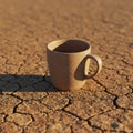 Ceramic mug placed on a dry, cracked ground surface, typical of a desert or arid Royalty Free Stock Photo