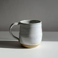 A ceramic mug with a simple, cylindrical shape and a rounded handle sits on a white Royalty Free Stock Photo