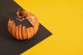 ceramic orange pumpkin on black and yellow background copy space Royalty Free Stock Photo