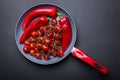 Ceramic pan full of fresh vegetables in red color: tomatoes and peppers. Kitchenware with a red handle on the dark background Royalty Free Stock Photo