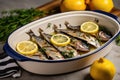 ceramic pan with whole smoked mackerel, lemon slices, and thyme Royalty Free Stock Photo