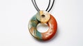 Ceramic Pendant Necklace With Leather Cord - Rust Blue Green