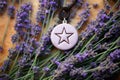 ceramic pentacle pendant resting on fresh lavender flowers
