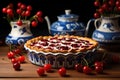 ceramic pie dish filled with vibrant cherry pie
