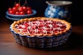 ceramic pie dish filled with vibrant cherry pie