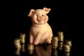 Ceramic pig moneybox with lots of coins isolated on black background Royalty Free Stock Photo
