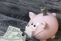 Ceramic piggy bank in pink. With a gauze bandage. In front of her are a few dollar bills. One of them sticks out of the slot. Royalty Free Stock Photo