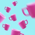 Ceramic Pink Mugs Floating in The Air, 3d rendering, Coffee Cup