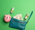 Ceramic pink piggy bank and paper american us dollars on green background Royalty Free Stock Photo